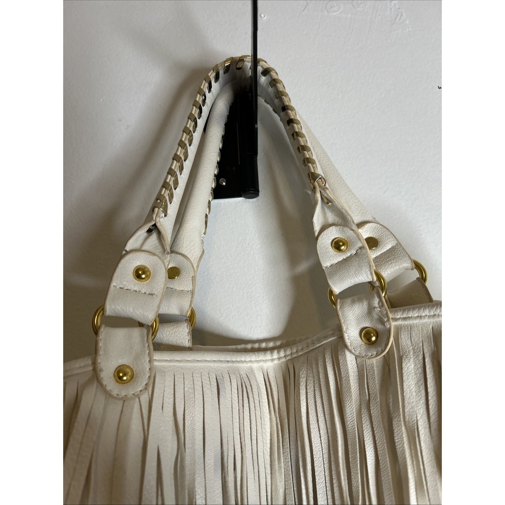 Big Fringe Handbag With Crossbody Strap Y2K Ivory White With Gold Accents - Picture 2 of 8